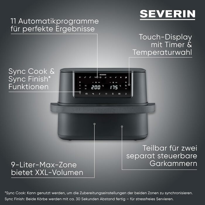 Фритюрниця Severin Max Zone Flex 9L з двома зонами приготування, чорна, з функцією сушки, 2600W