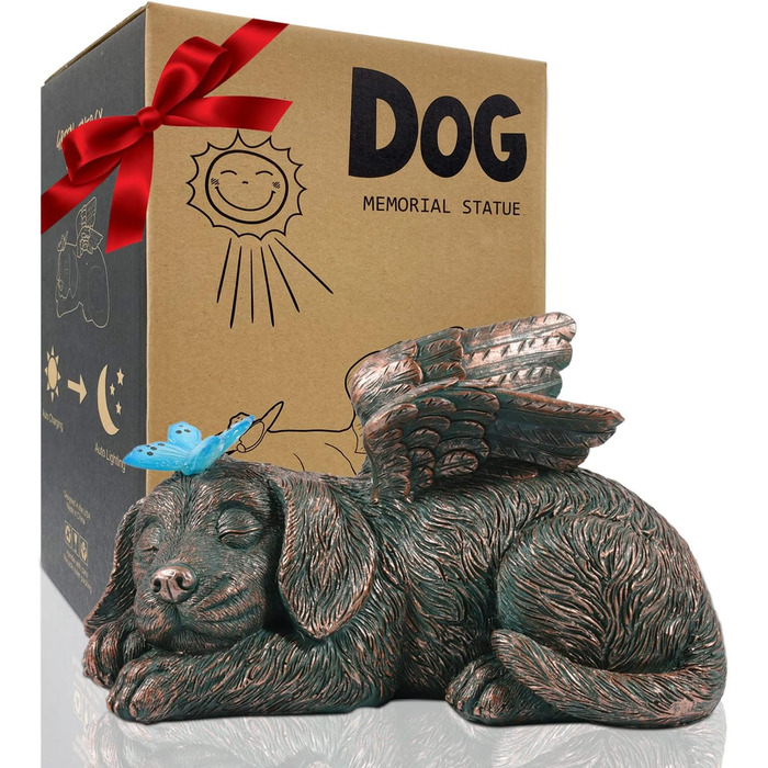 Yeomoo Dog Angel Solar Garden Decorations for Outdoors with Butterfly - Weatherproof Animal Statue Balcony Decor, Sleeping Puppy Solar-Powered Figure Grave Ornament Tombstone, Gifts for Women Mom Copper