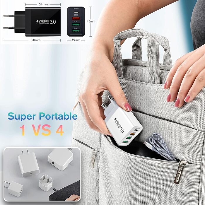 Зарядний пристрій USB-C 40W Acezeek з 2 адаптерами та 2 кабелями Type-C, 4-портовий швидкий зарядний пристрій для iPhone, Galaxy, iPad Pro