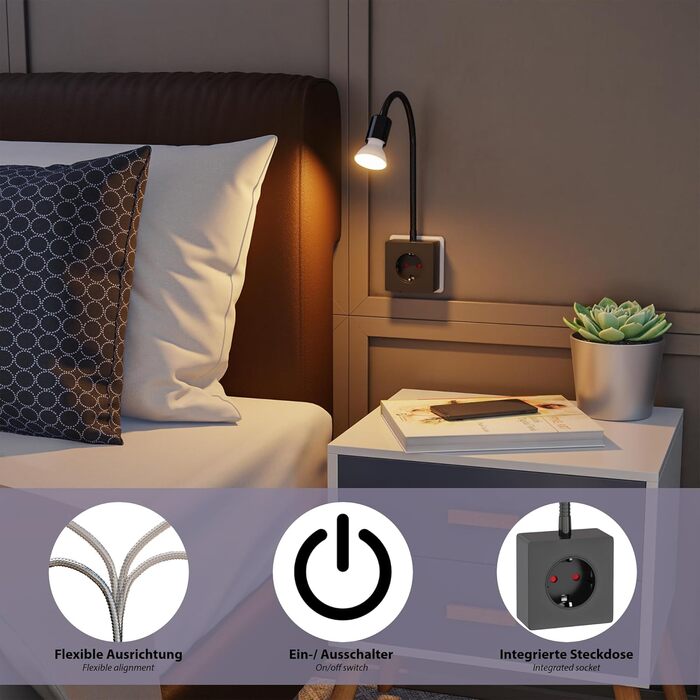 Світлодіодна настільна лампа-бра LESCH з гнучким кронштейном (чорна, 2 шт.) - для читання, під розетку, GU10, 10W