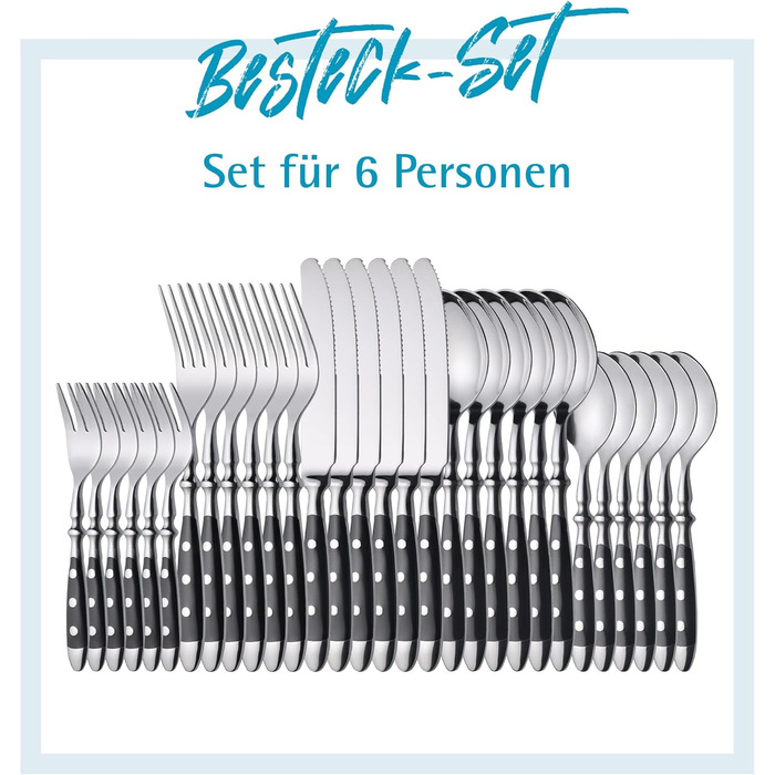 GRÄWE Stainless Steel Cutlery Set for 6 People, Heavy, Rustic, 30-Piece Table Cutlery Set, Forged Cutlery with Black Handles - Nuremberg Series 30-Piece | 6 People
