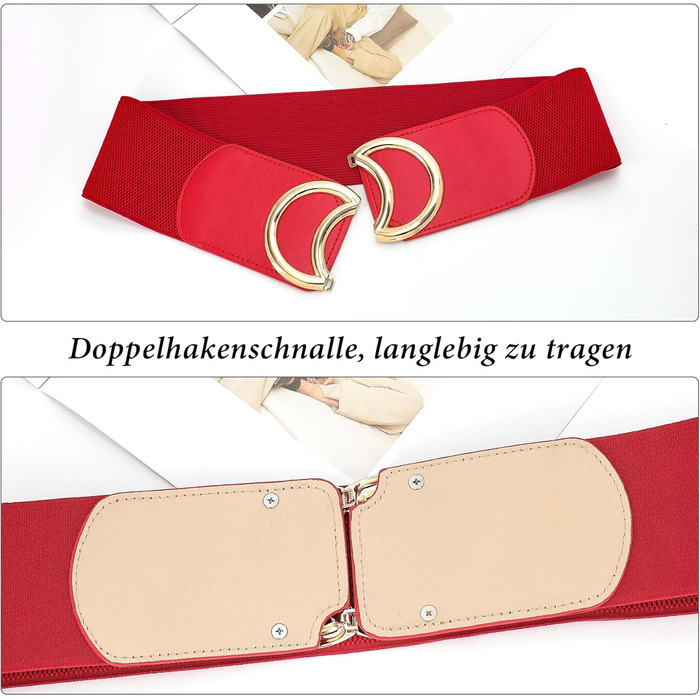Жіночий широкий еластичний пояс JasGood вінтажний, стрейч, з золотою пряжкою (червоний, 90 см, талія 96-115 см)