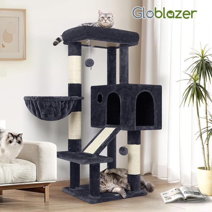 Дім-когтеточка для котів Globlazer S45, 116 см, сірий. Міцний ствол 8 см, когтеточка з сизалю, м'які лежанки, корзина, іграшка, для кошенят та дорослих котів.