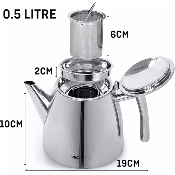 Stainless steel teapot (0.5L) - With tea egg for loose leaf tea strainer insert - Double-walled insulation keeps tea warm for longer (0.5 L)