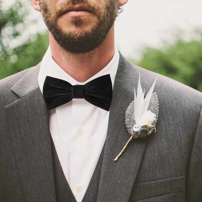 Набір краваток для чоловіків HOULIFE: краватка-метелик з оксамиту, кишеньковий хустинка, запонки - чорний колір, для весілля та формальних заходів