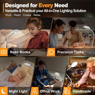 LED лампа настільна 15W з USB-A та USB-C – диммування, 3 колірні температури, 5 рівнів яскравості, таймер, гнусий 360° шийка, захист очей, для офісу та спальні (біла, 3.5 дюйма)