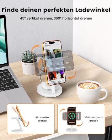 Зарядна станція JoyGeek 3-в-1 з магнітною індукцією 25W для iPhone 17/16, Apple Watch, Samsung Watch та AirPods. Білий матовий.