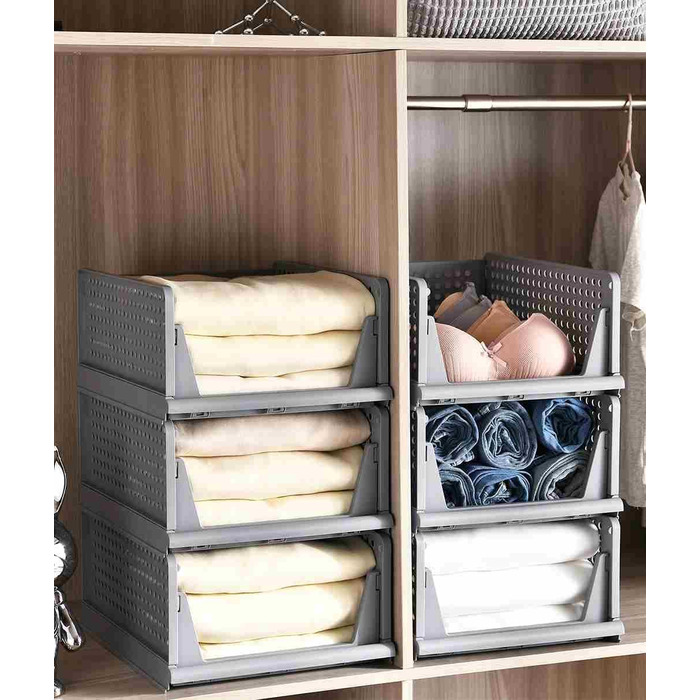 RMAN 4-Piece Closet Organizer Stackable Folding Closet Organizer for Drawers, Closet Organizer, Storage Boxes, Kitchen, Bathroom (Gray)