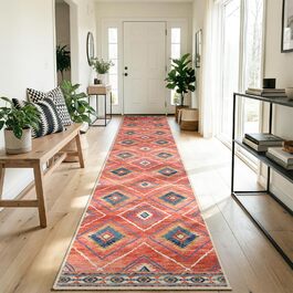 Килимок-довгий килим для коридору, кухні, з антиковзаючою основою, коротким ворсом, пральний, складаний, у стилі бохо – для коридору, кухні, вітальні та офісу, чорно-білий (60 x 240 см, червоний)