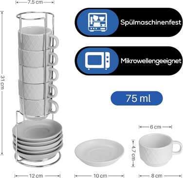 MIAMI – 6 x 75 ml Espresso Cups/Espresso Cup Set with Stand Stoneware Ceramic - Palmanova Collection (White)