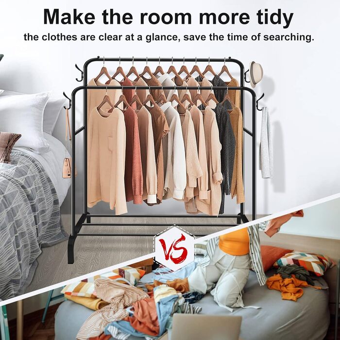 Metal Clothes Rack Clothes Stand Stable, Double Rod Durable with 1 Tier Shelf and 4 Side Hooks, Freestanding Clothes Rack, Multi-Purpose Organizer, Bedroom, Black