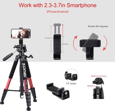 Штатив ZOMEi 188 см, професійний, для DSLR, телефонів, проекторів, телескопів (чорний/червоний)