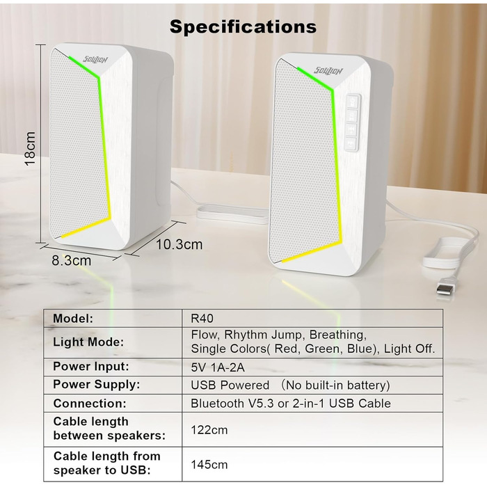 SOULION R40 Комп'ютерні колонки 2.0 USB, Bluetooth 5.3, для ноутбука та планшета (білий)