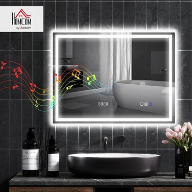 Дзеркало для ванної кімнати HOMCOM з підсвічуванням 100x80 см LED, Bluetooth, годинник, 3 кольори світла, проти запотівання, сенсорне керування, срібло