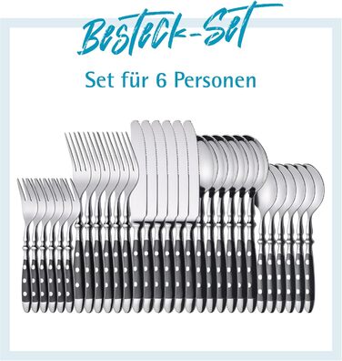 GRÄWE Stainless Steel Cutlery Set for 6 People, Heavy, Rustic, 30-Piece Table Cutlery Set, Forged Cutlery with Black Handles - Nuremberg Series 30-Piece | 6 People