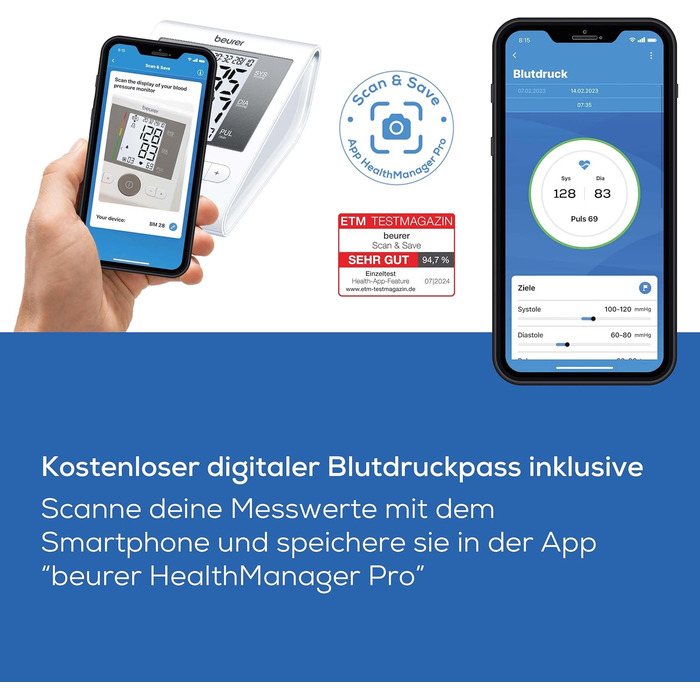 Тонометр Beurer BM28 на плече з індикатором тиші, позиціонуванням манжети та кольоровою індикацією ризику; підходить для вагітних