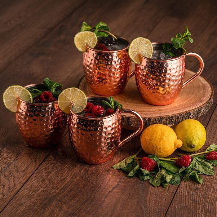 Moscow Mule Mug Set - 4 x 500 ml Copper Mug Set with Stainless Steel Interior - Cocktails, Iced Coffee, Lemonade & Gin Copper Mugs - 4 Straws, 4 Coasters, Jigger & Cleaning Brush