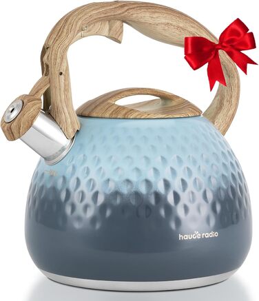 Чайник для заварювання чаю Teekessel 2,7 л з емальованим покриттям, зелений колір з імітацією дерева, з носиком-свистком, з нержавіючої сталі, антипригарне покриття, зручна ручка оливкового кольору з переходом у блакитний
