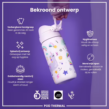 ion8 Insulated Stainless Steel Drinking Bottle 320 ml Leak-Proof One-Hand Opening Secure Lock Dishwasher Safe Flip Lid Carrying Handle Easy to Clean, Durable, Pink Unicorn