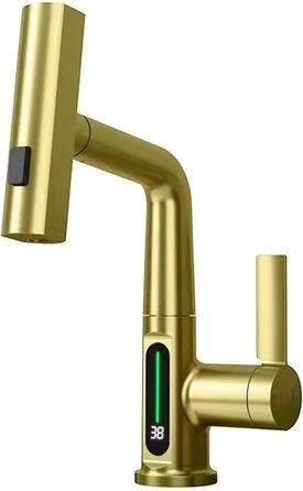 Кухонний змішувач з витяжною лійкою, 3 режими, LED-індикатор температури, поворотний на 360°, для кухні, золотий