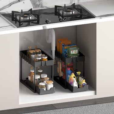 Dish Cabinet Organizer - 2 Pack Under Sink Shelf Organizer - Pull Out Storage Shelf Organizer with 16 Hooks, Black