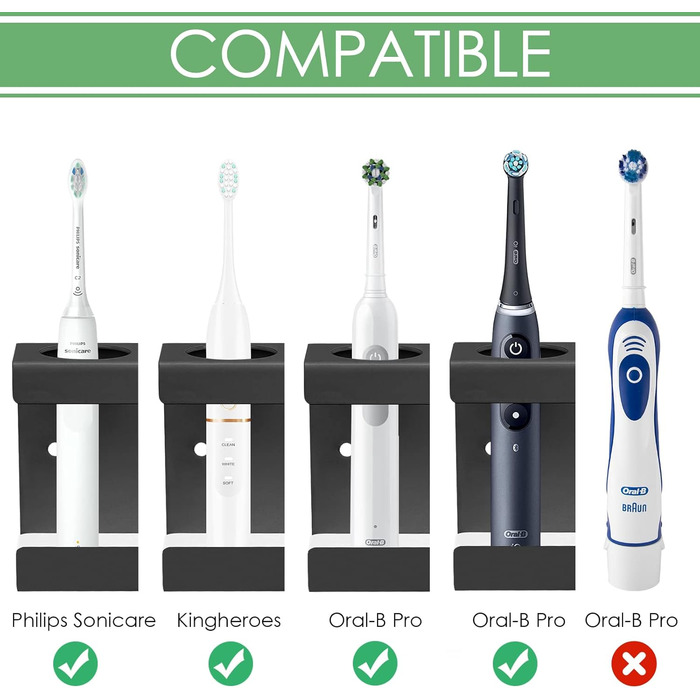 Настінний електричний тримач для зубних щіток на 4 слоти з мискою з діатоміту, підходить для AquaSonic, Kingheroes, Oral-B (Чорний)