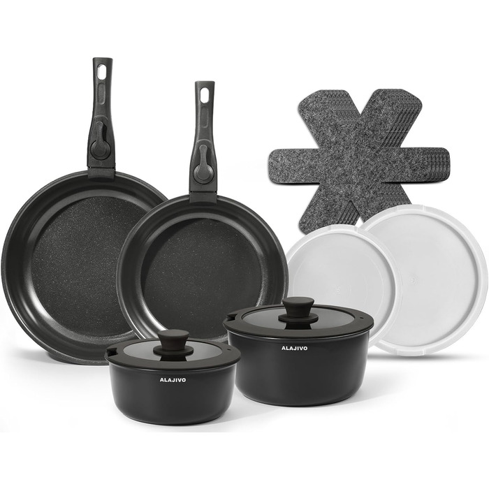 Набір каструль з керамічним покриттям 14 предметів, антипригарне покриття, індукційне дно, 24/28 см сковороди, для всіх типів плит, сумісний з духовкою