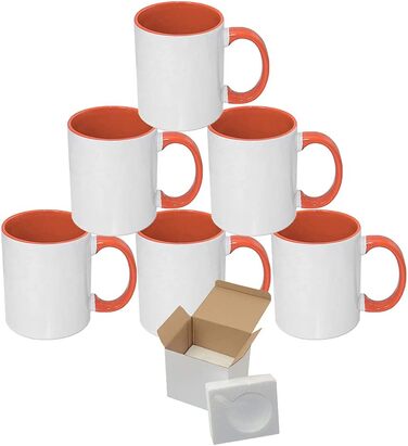 MR.R Set of 6 Sublimation Blanks, Dishwasher Safe, White Ceramic Mug, Porcelain, Coffee Mug with Inner Handle, Orange Color, Round Handle, 11 Ounces, for Heat Transfer Printing