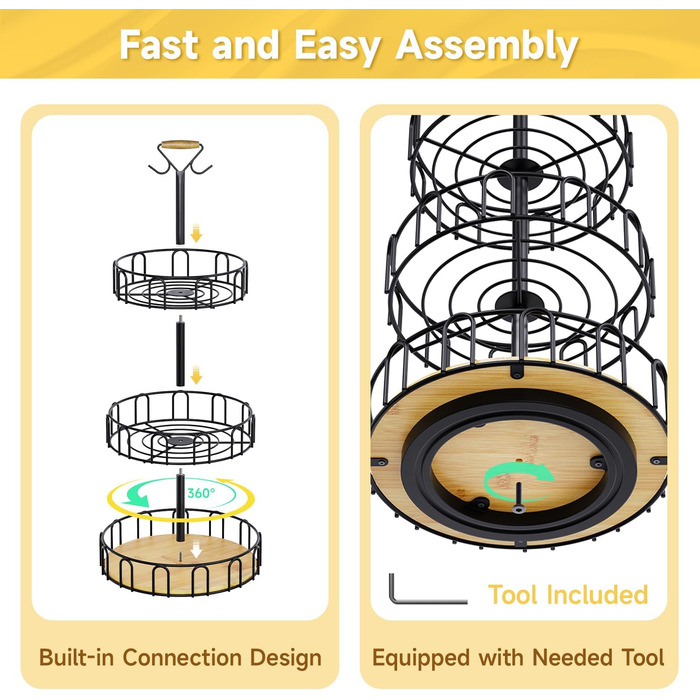 Організатор для фруктів та овочів PouHenier з 3 ярусами та 2 гачками, чорний