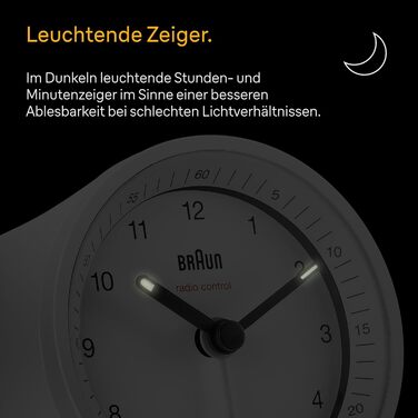 Classic Braun analog radio alarm clock for Central European Time (CET/GMT+1) with snooze function and illumination, quiet movement, crescendo alarm in white, model BC07W-DCF