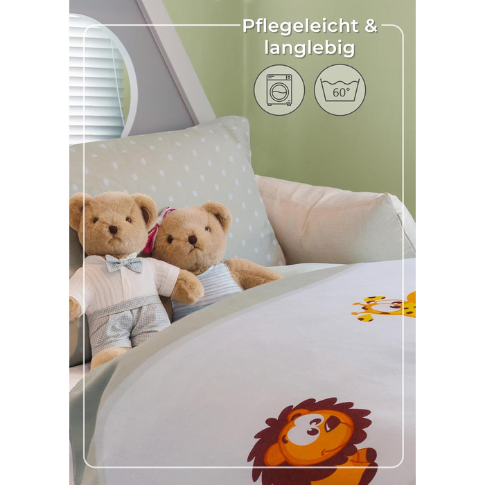 Набір постільної білизни для дітей Gräfenstayn® з тваринами (жирафа, слон, лев) - 100% бавовна (ренфорс) - 135x100 см, 60x40 см