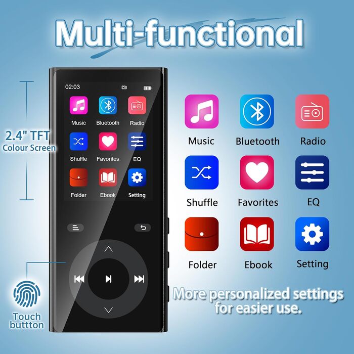MP3 плеєр з Bluetooth 5.3 та динаміком, 90 ГБ пам'яті, 2.4