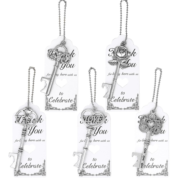 Aokbean Vintage Bottle Opener 100pcs Skeleton Wedding Gifts Guest Memorial Favor Set with Thank You Card and Chain for Wedding Birthday Baptism Party Gifts (Antique Silver)