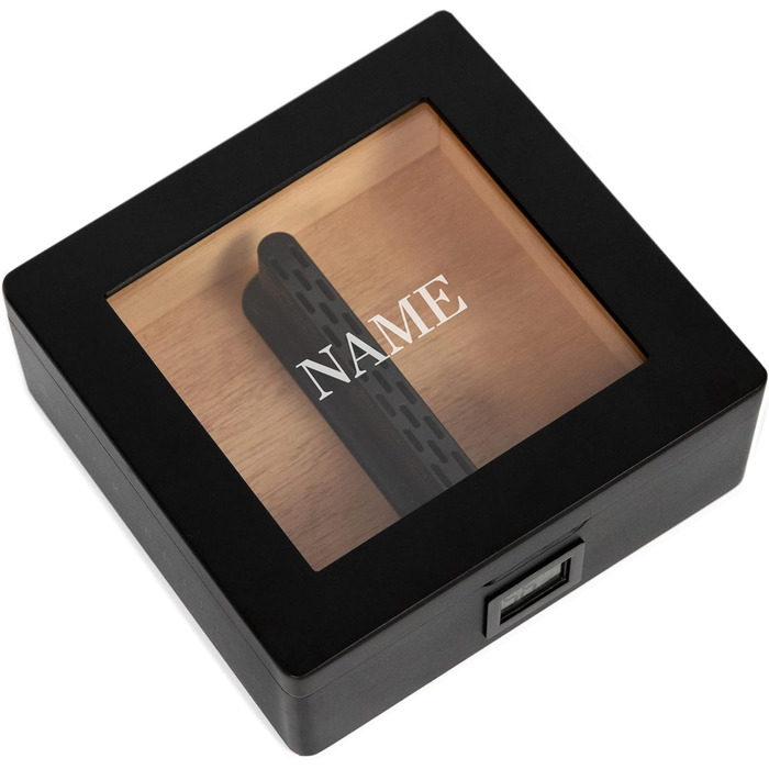 CASE ELEGANCE MAG - Настільний вологозбережувач для сигар, горіх, 20-30 сигар, скляна кришка з магнітом, восьмигранна форма, цифровий гігрометр, іспанська кедр (чорний з монограмою)