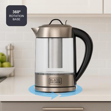 Електричний чайник BLACK+DECKER BXKE2202E, 1.2L, 2200W, 360° обертання, для лівшів, з автовимкненням, скляний