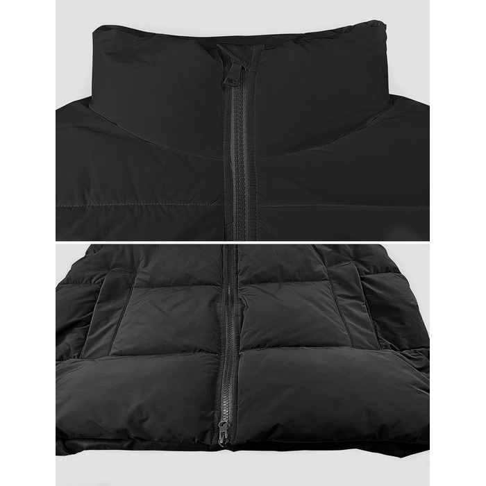 Жіноча зимова укорочена пухова жилетка. Легка, тепла, без рукавів, зі стійким коміром, з кишенями. Чорна