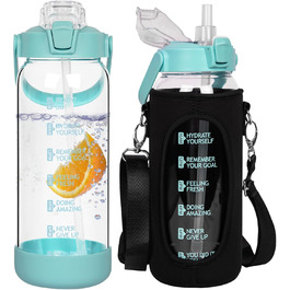 2L Glass Bottle | Glass Drinking Bottle with Straw & Time Marker, Leak-Proof 2 Liter Large Glass Water Bottle for Smoothies, Carbonated Drinks Suitable, Dishwasher Safe (Light Green, 1500 ml)