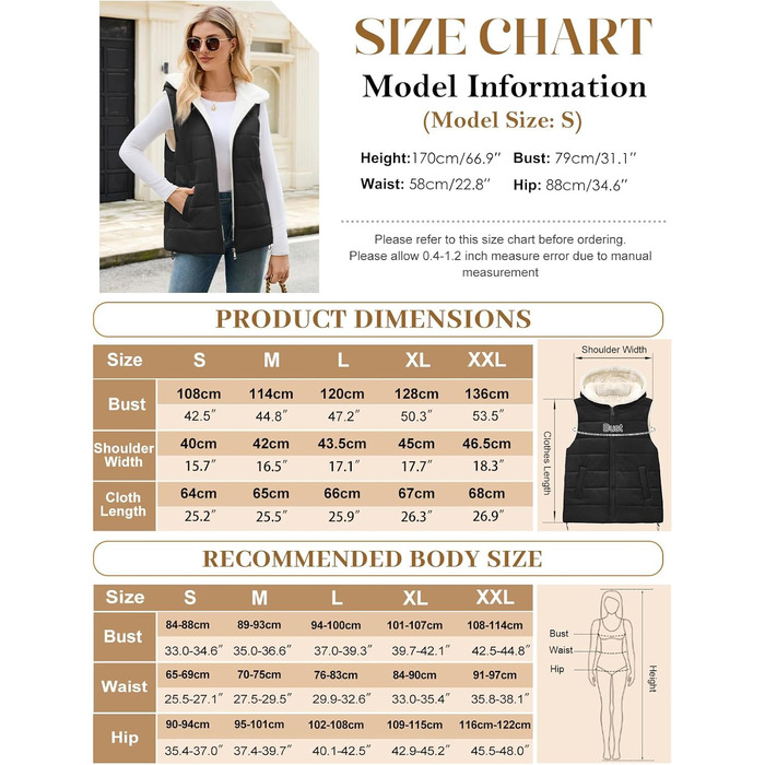 Жіноча тепла степкова жилетка Yuson з капюшоном, без рукавів, чорна XXL