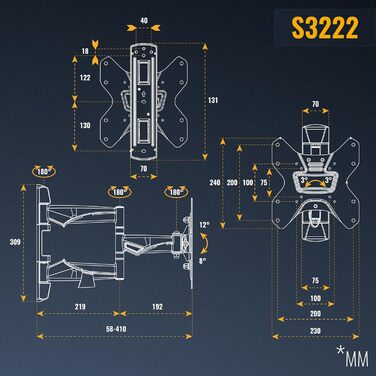 Кріплення для телевізора RICOO S3222: поворотне, нахилене, для телевізорів 30-55 дюймів, VESA 200x200, до 30 кг, універсальне