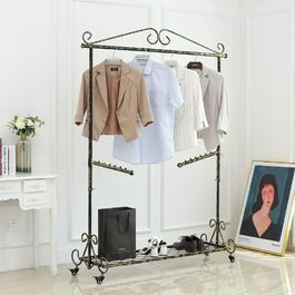 Clothes Rack Clothes Rail Coat Rack with Shoe Storage, Width 136cm, Vintage Style Metal Height Adjustable from 126 to 200 cm (Bronze Black with Wheels)