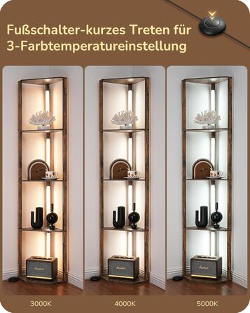 LED торшер EDISHINE з 4 дерев'яними полицями, регульоване освітлення, 3 колірні температури, поворотний світловий стержень, підсвічування полиць, футовий вимикач, вінтажний коричневий