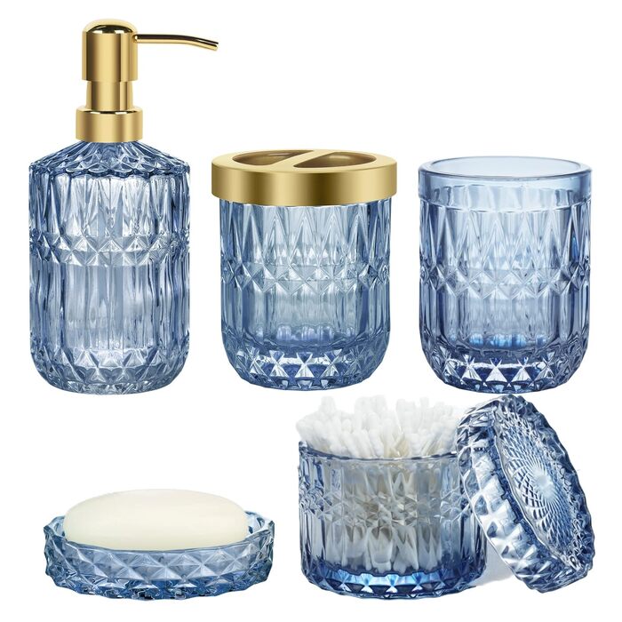 Набір аксесуарів для ванної кімнати 5 предметів, чорний дозатор для мила та лосьйону, мильничка, підставка для зубних щіток, стаканчик, склянка для ватних паличок, прозорий скляний бокс (Синій)