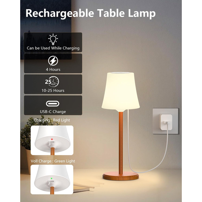 Настільна лампа бездротова LED 2 шт, акумуляторна, з регулюванням кольору та яскравості, сенсорне управління, водонепроникна IP54 для спальні, вітальні, балкону