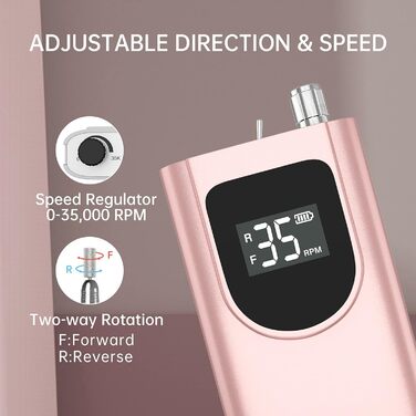 Електрична шліфувальна машинка для нігтів Kredioo з LED-дисплеєм, 35000 об/хв, для гелю та акрилу, 6 насадок, для професійного та домашнього використання, Champagner Gold
