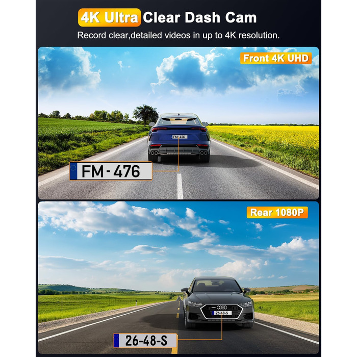 Відеореєстратор Auto Dashcam 4K+1080P з Wi-Fi, 64GB, IPS 3' екраном, Нічне бачення, G-сенсор, Loop-запис, 170°+140° Кут огляду, Паркінг 24/7, Керування через App, Підтримка до 256GB