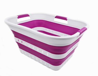 SAMMART 30L Collapsible 3-Handle Plastic Laundry Basket - Foldable Pop-Up Storage Container/Organizer - Portable Wash Basin - Space-Saving Basket/Bin (White/Purple)