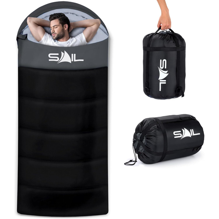 Сплячий мішок SAIL XL для великих людей, 3-4 сезони, 1,6-2,7 кг, легкий, водонепроникний, для відпочинку на природі, походів, кемпінгу (Чорний)