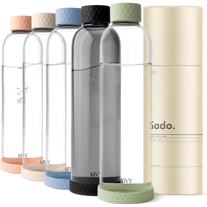 KIVY Glass Bottle 1 Liter with Silicone Protection [Extremely Break-Resistant] Soda Bottle Glass 1l - Water Bottle Glass 1l - Glass Drinking Bottle - Glass Drinking Bottle 1l - Drinking Bottle made of Glass (Olive)