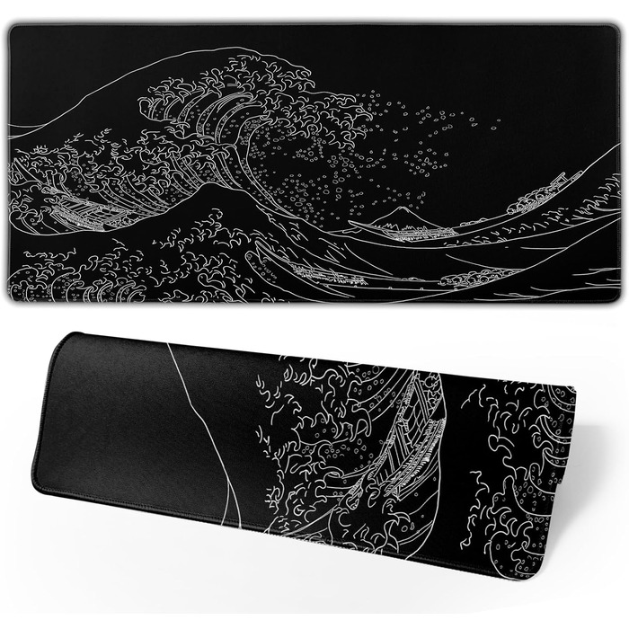 Ігровий килимок для миші Japanisches Gaming-Mauspad, 80 x 30 см, чорний, з гумовою основою, водонепроникний, з прошитими краями, для геймінгу, офісу, дому (Чорна хвиля)