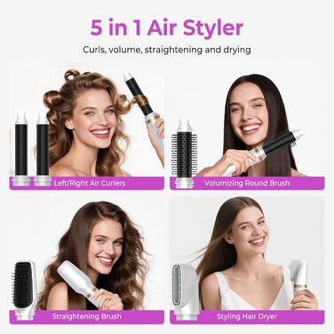 Мультистайлер для волосся 5 в 1 з термощіткою, фен-щіткою, круглою щіткою, плойкою та випрямлячем. Потужність 1000 Вт, 3 температурні режими. Ідеально для об'єму, випрямлення, локонів та сушіння. Білий (білий, рожевий)
